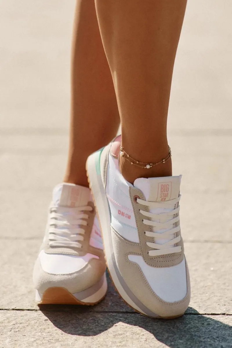 Buty Sportowe Big Star|Sneakersy Damskie>Big Star Shoes Zamszowe Sneakersy Damskie Big Star RR274A047 HI-POLY SYSTEM Beżowo-Białe