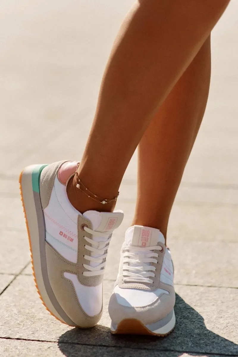 Buty Sportowe Big Star|Sneakersy Damskie>Big Star Shoes Zamszowe Sneakersy Damskie Big Star RR274A047 HI-POLY SYSTEM Beżowo-Białe