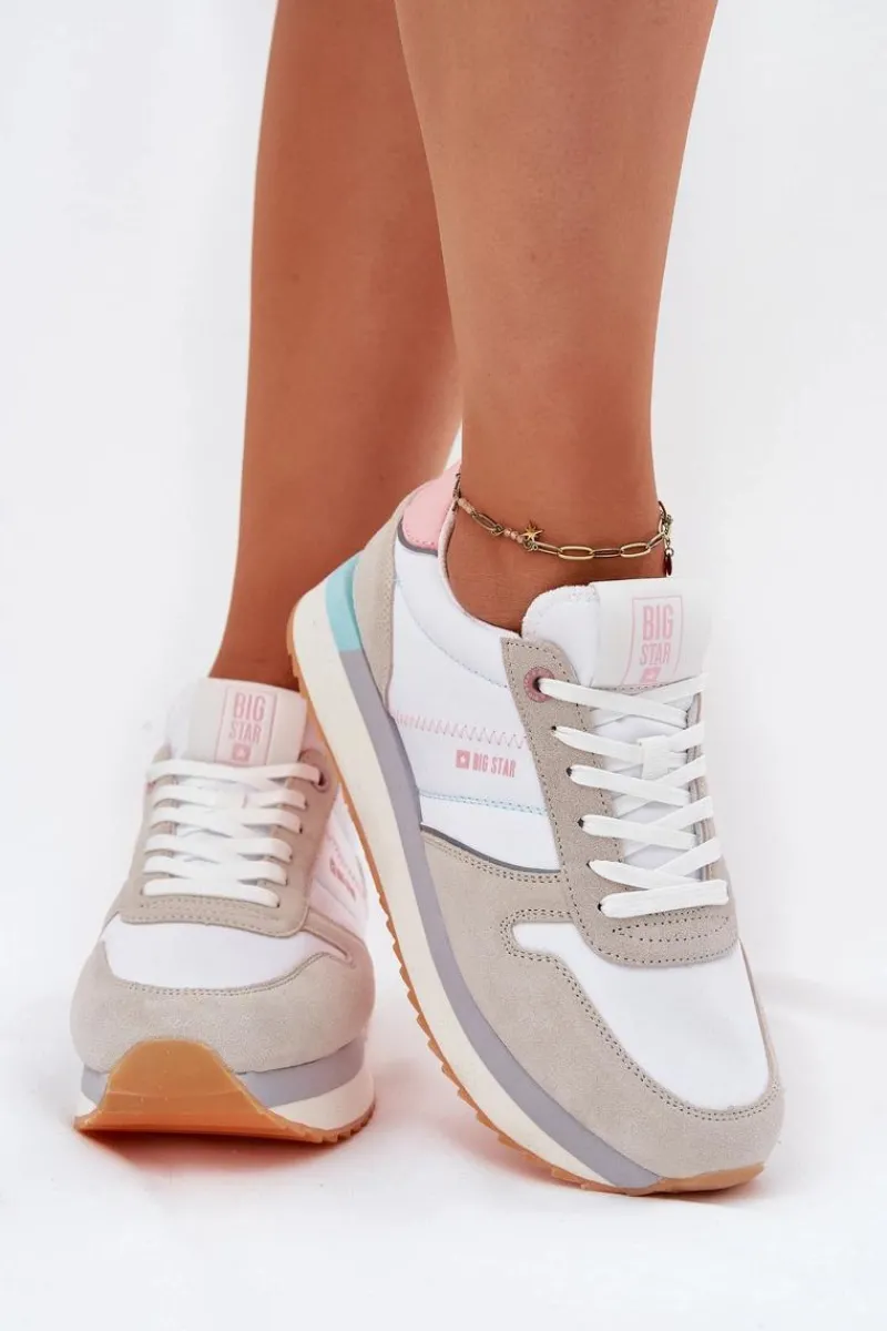 Buty Sportowe Big Star|Sneakersy Damskie>Big Star Shoes Zamszowe Sneakersy Damskie Big Star RR274A047 HI-POLY SYSTEM Beżowo-Białe