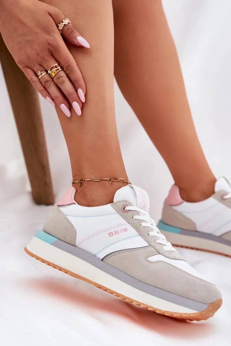 Buty Sportowe Big Star|Sneakersy Damskie>Big Star Shoes Zamszowe Sneakersy Damskie Big Star RR274A047 HI-POLY SYSTEM Beżowo-Białe