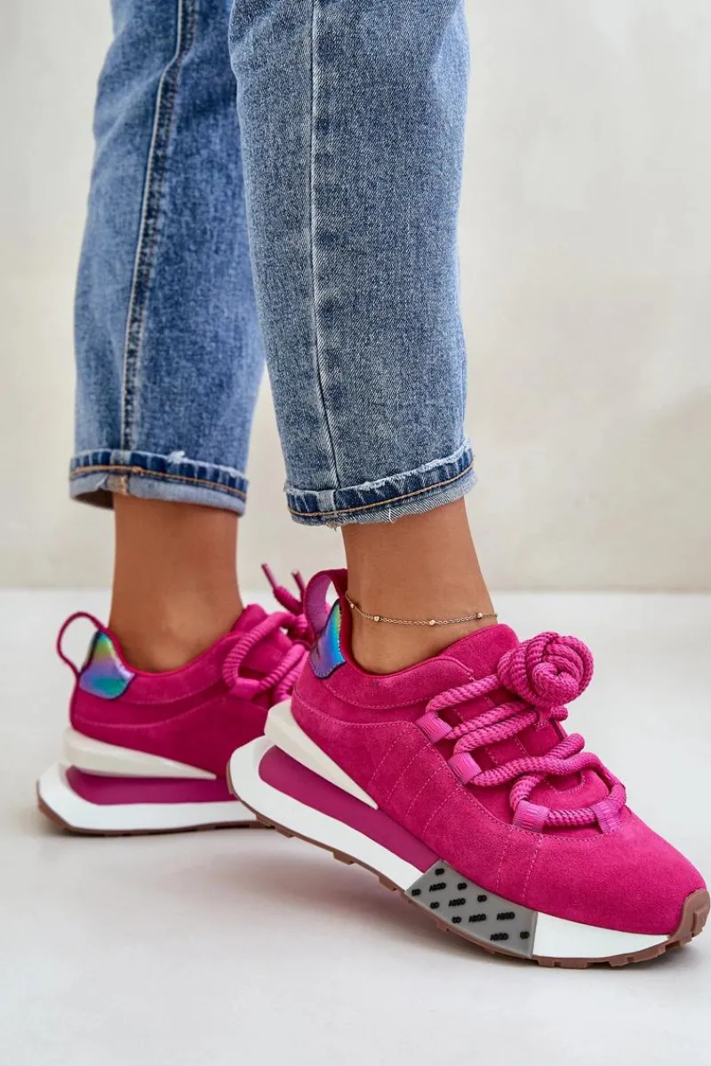 Buty Sportowe Na Platformie>Boto Zamszowe Sneakersy Damskie Na Platformie Z Grubym Sznurowaniem Artiker 55C0086 Fuksja Różowy