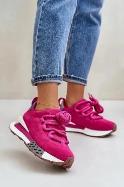 Buty Sportowe Na Platformie>Boto Zamszowe Sneakersy Damskie Na Platformie Z Grubym Sznurowaniem Artiker 55C0086 Fuksja Różowy