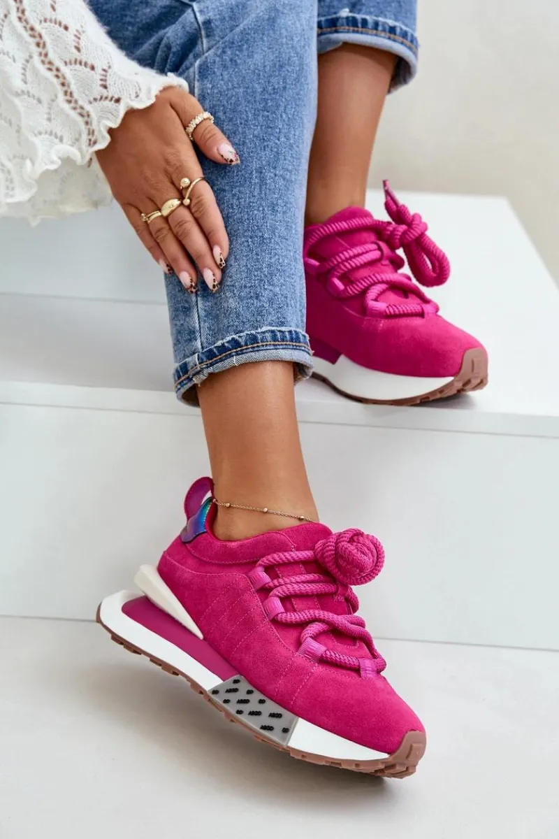 Buty Sportowe Na Platformie>Boto Zamszowe Sneakersy Damskie Na Platformie Z Grubym Sznurowaniem Artiker 55C0086 Fuksja Różowy