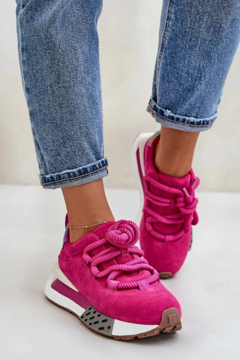 Buty Sportowe Na Platformie>Boto Zamszowe Sneakersy Damskie Na Platformie Z Grubym Sznurowaniem Artiker 55C0086 Fuksja Różowy