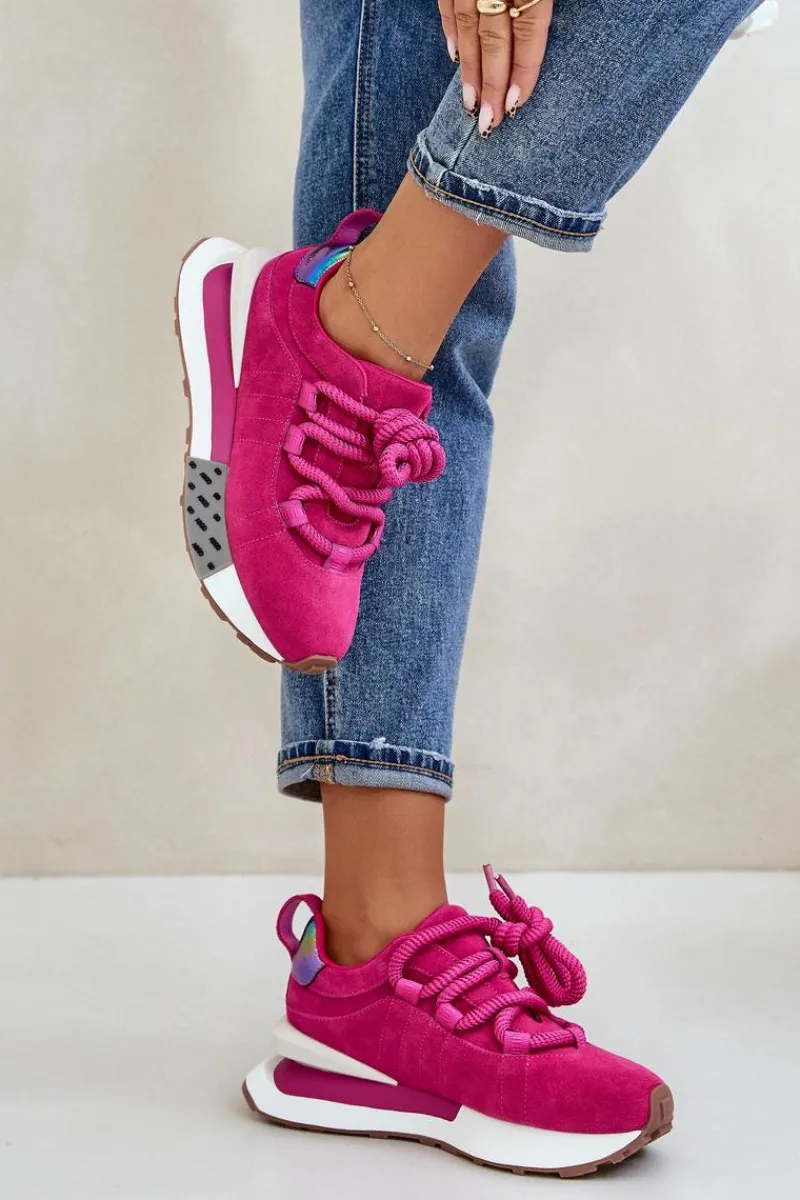 Buty Sportowe Na Platformie>Boto Zamszowe Sneakersy Damskie Na Platformie Z Grubym Sznurowaniem Artiker 55C0086 Fuksja Różowy