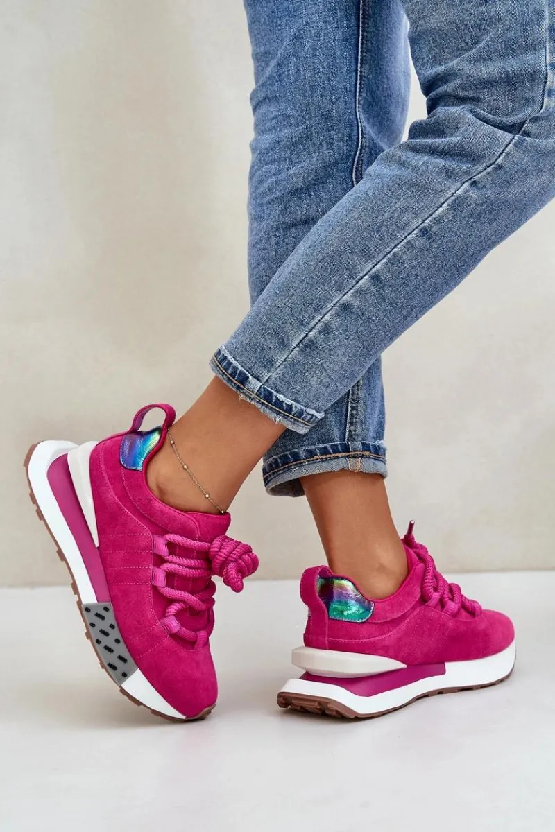 Buty Sportowe Na Platformie>Boto Zamszowe Sneakersy Damskie Na Platformie Z Grubym Sznurowaniem Artiker 55C0086 Fuksja Różowy