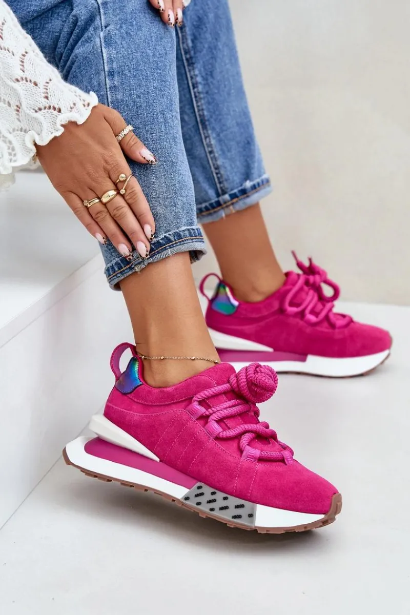 Buty Sportowe Na Platformie>Boto Zamszowe Sneakersy Damskie Na Platformie Z Grubym Sznurowaniem Artiker 55C0086 Fuksja Różowy
