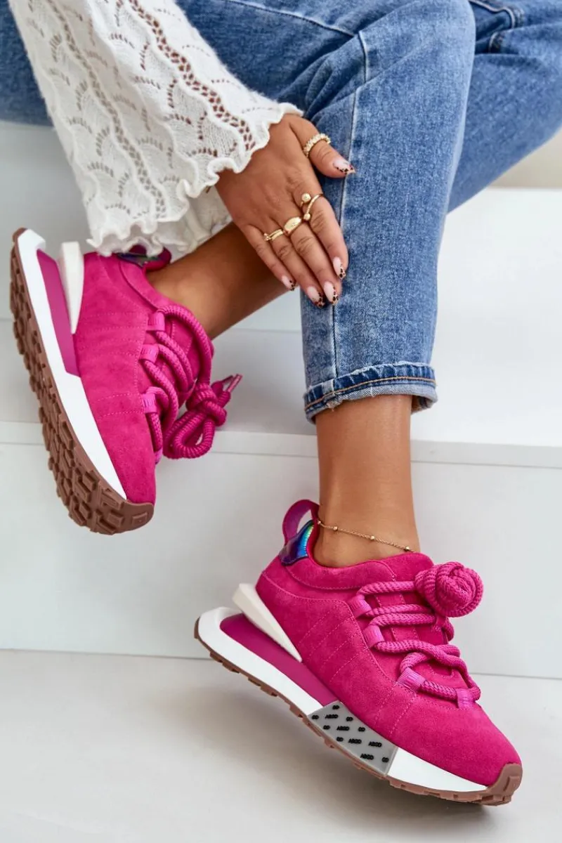 Buty Sportowe Na Platformie>Boto Zamszowe Sneakersy Damskie Na Platformie Z Grubym Sznurowaniem Artiker 55C0086 Fuksja Różowy