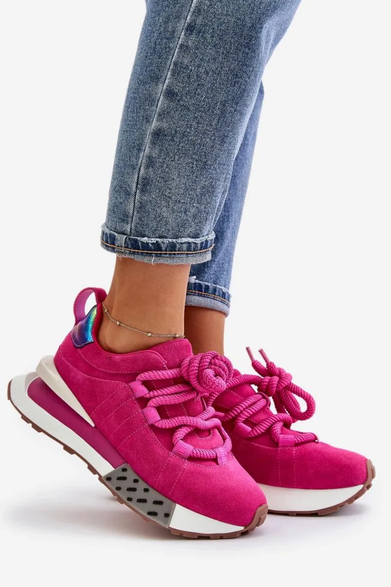 Buty Sportowe Na Platformie>Boto Zamszowe Sneakersy Damskie Na Platformie Z Grubym Sznurowaniem Artiker 55C0086 Fuksja Różowy