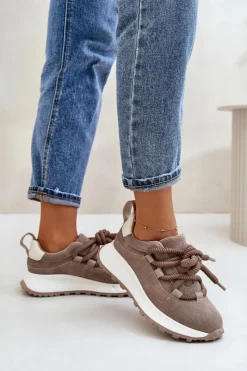 Buty Sportowe Na Platformie></noscript>Artiker Zamszowe Sneakersy Damskie Z Grubym Sznurowaniem 54C1409 Beżowe