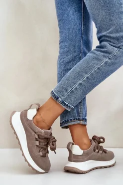 Buty Sportowe Na Platformie></noscript>Artiker Zamszowe Sneakersy Damskie Z Grubym Sznurowaniem 54C1409 Beżowe