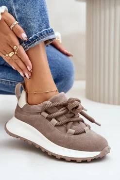 Buty Sportowe Na Platformie></noscript>Artiker Zamszowe Sneakersy Damskie Z Grubym Sznurowaniem 54C1409 Beżowe