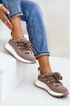 Buty Sportowe Na Platformie></noscript>Artiker Zamszowe Sneakersy Damskie Z Grubym Sznurowaniem 54C1409 Beżowe