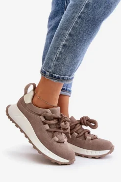 Buty Sportowe Na Platformie></noscript>Artiker Zamszowe Sneakersy Damskie Z Grubym Sznurowaniem 54C1409 Beżowe
