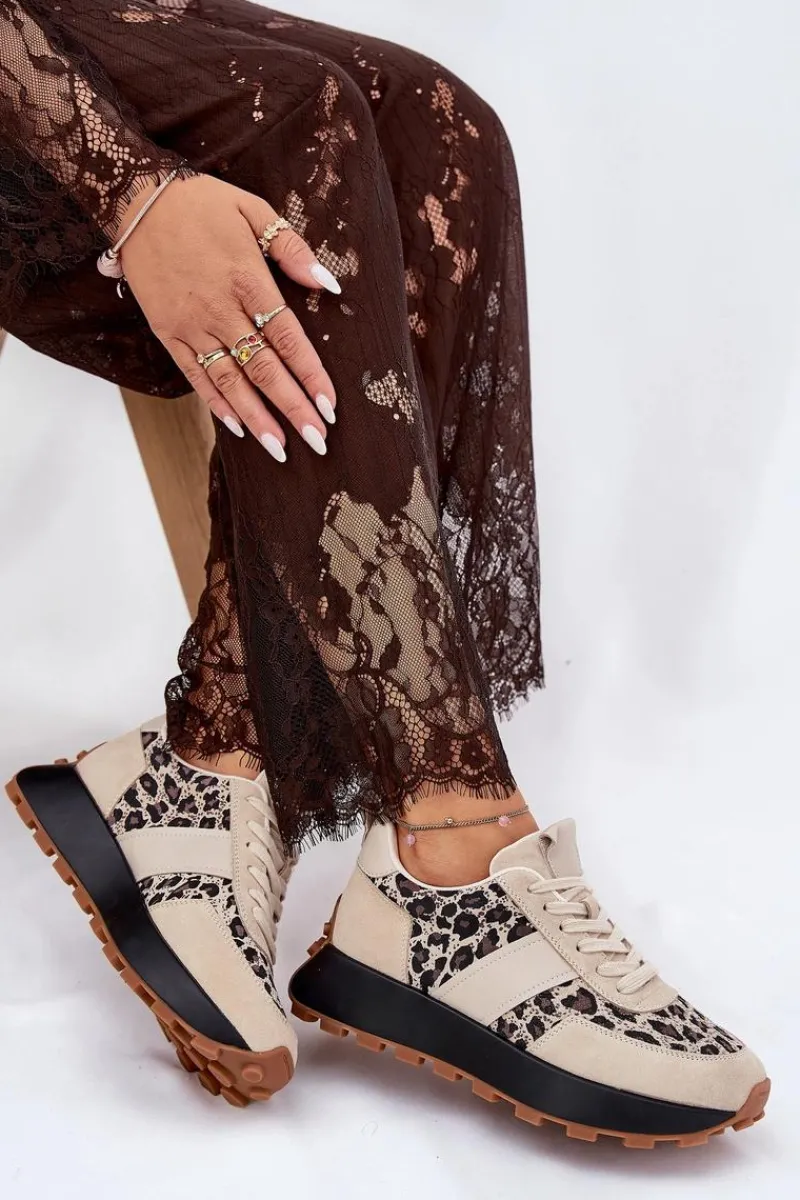 Hot Zamszowe Sneakersy Damskie Na Platformie Panterka Vinceza 66793 Beżowe Damskie Sneakersy Damskie