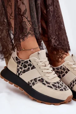 Hot Zamszowe Sneakersy Damskie Na Platformie Panterka Vinceza 66793 Beżowe Damskie Sneakersy Damskie