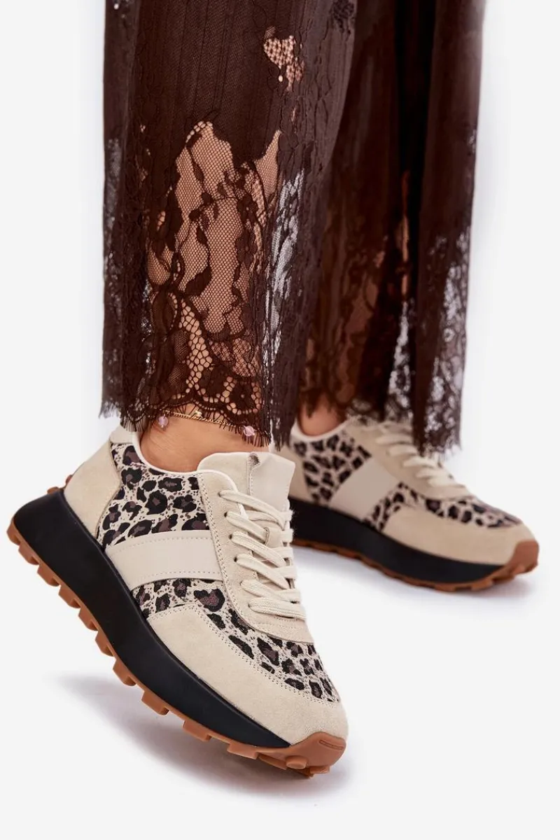 Hot Zamszowe Sneakersy Damskie Na Platformie Panterka Vinceza 66793 Beżowe Damskie Sneakersy Damskie