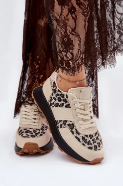 Hot Zamszowe Sneakersy Damskie Na Platformie Panterka Vinceza 66793 Beżowe Damskie Sneakersy Damskie