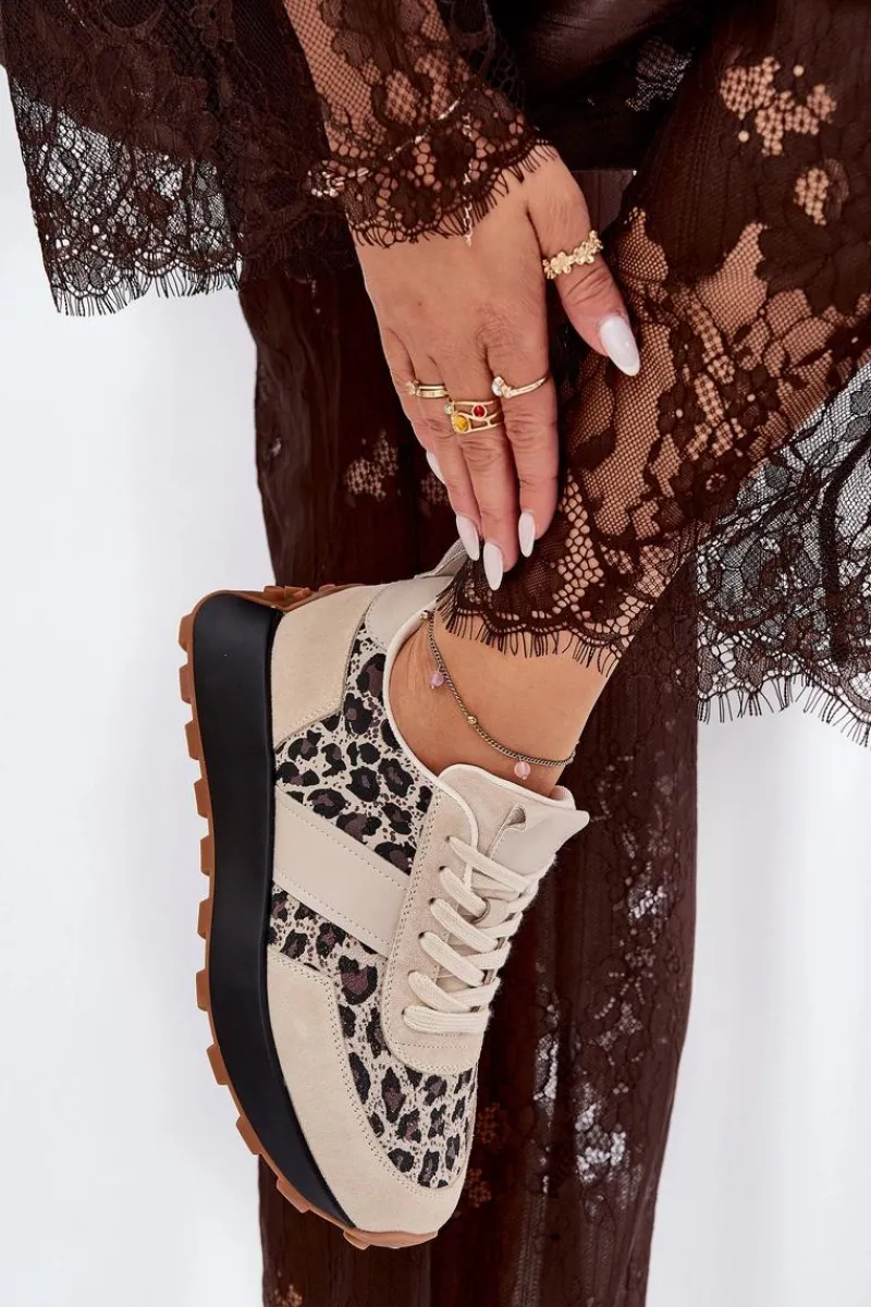 Hot Zamszowe Sneakersy Damskie Na Platformie Panterka Vinceza 66793 Beżowe Damskie Sneakersy Damskie