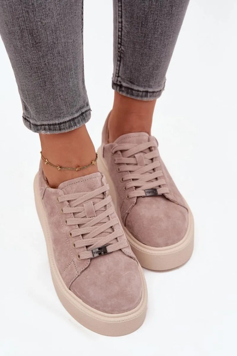 New Zamszowe Sneakersy Damskie Na Platformie Vinceza 79578 Beżowe Damskie Sneakersy Damskie