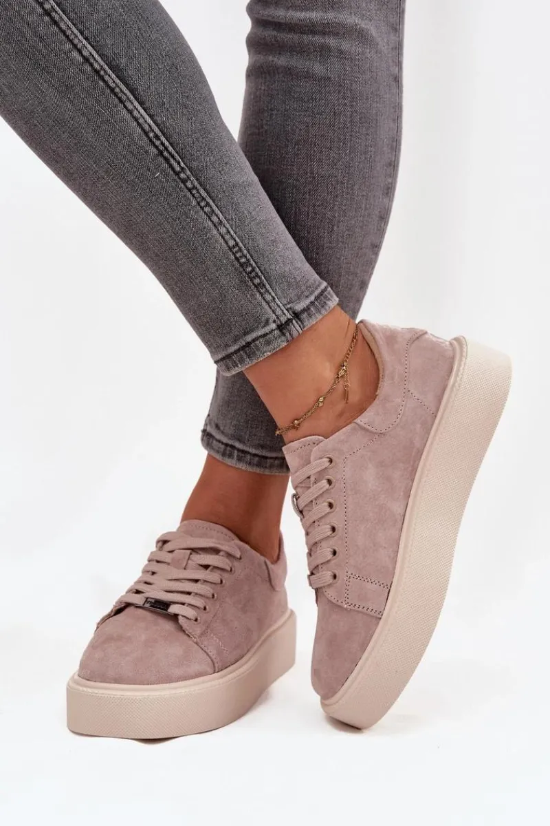 New Zamszowe Sneakersy Damskie Na Platformie Vinceza 79578 Beżowe Damskie Sneakersy Damskie
