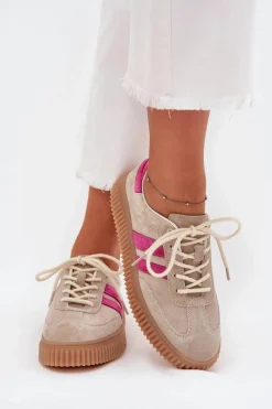 Sneakersy Damskie>Boto Zamszowe Sneakersy Damskie Na Platformie Beżowo-Różowe Cavira