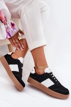 Online Zamszowe Sneakersy Damskie SS2D4021 Czarne Damskie Buty Sportowe Na Platformie|Sneakersy Damskie