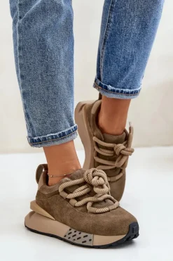 Hot Zamszowe Sneakersy Damskie Na Platformie Z Grubym Sznurowaniem Artiker 54C1466 Jasnobrązowe Damskie Buty Sportowe Na Platformie