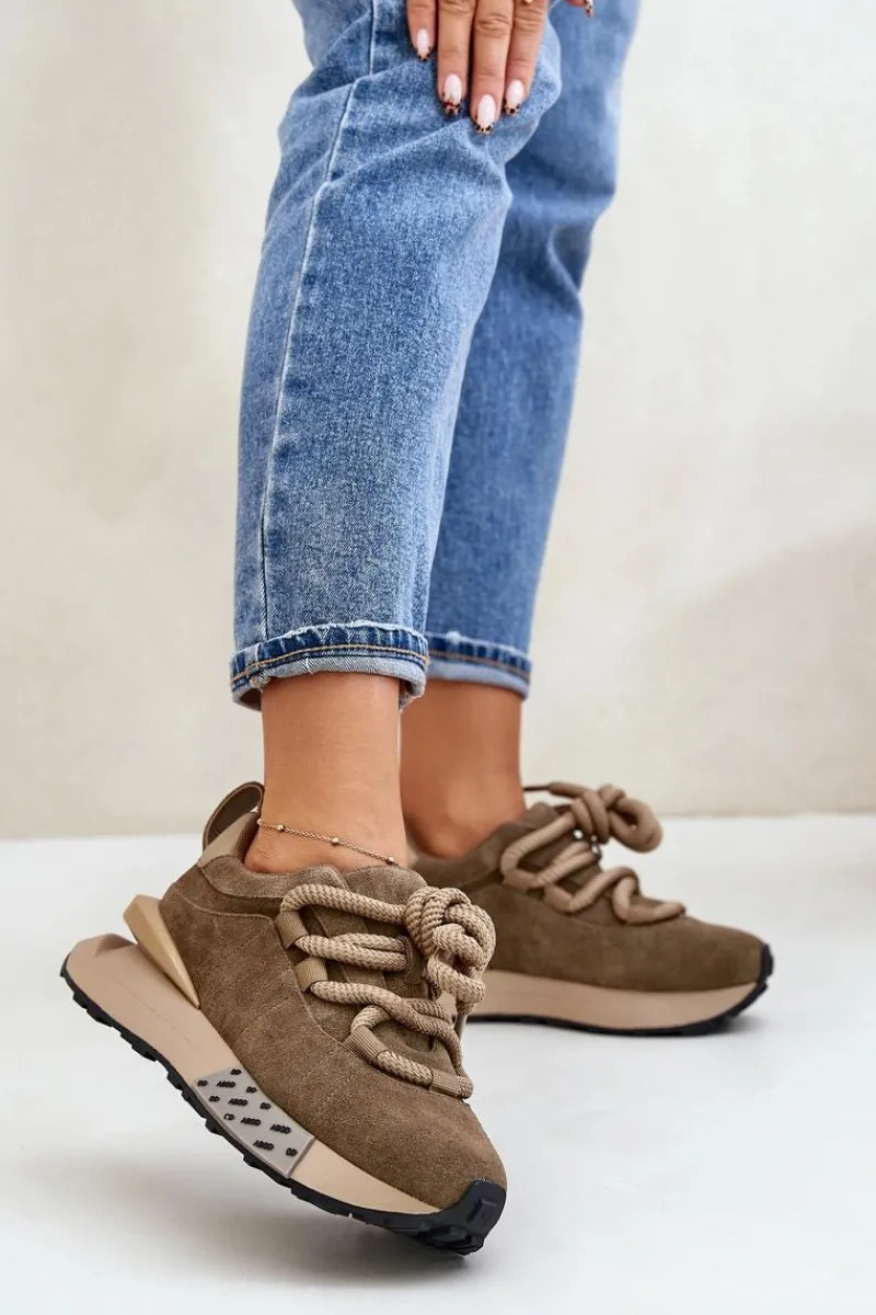 Hot Zamszowe Sneakersy Damskie Na Platformie Z Grubym Sznurowaniem Artiker 54C1466 Jasnobrązowe Damskie Buty Sportowe Na Platformie
