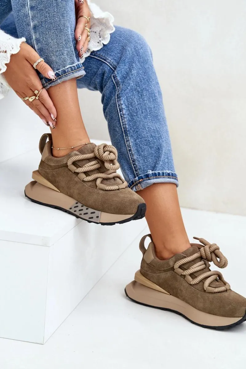 Hot Zamszowe Sneakersy Damskie Na Platformie Z Grubym Sznurowaniem Artiker 54C1466 Jasnobrązowe Damskie Buty Sportowe Na Platformie