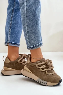 Hot Zamszowe Sneakersy Damskie Na Platformie Z Grubym Sznurowaniem Artiker 54C1466 Jasnobrązowe Damskie Buty Sportowe Na Platformie