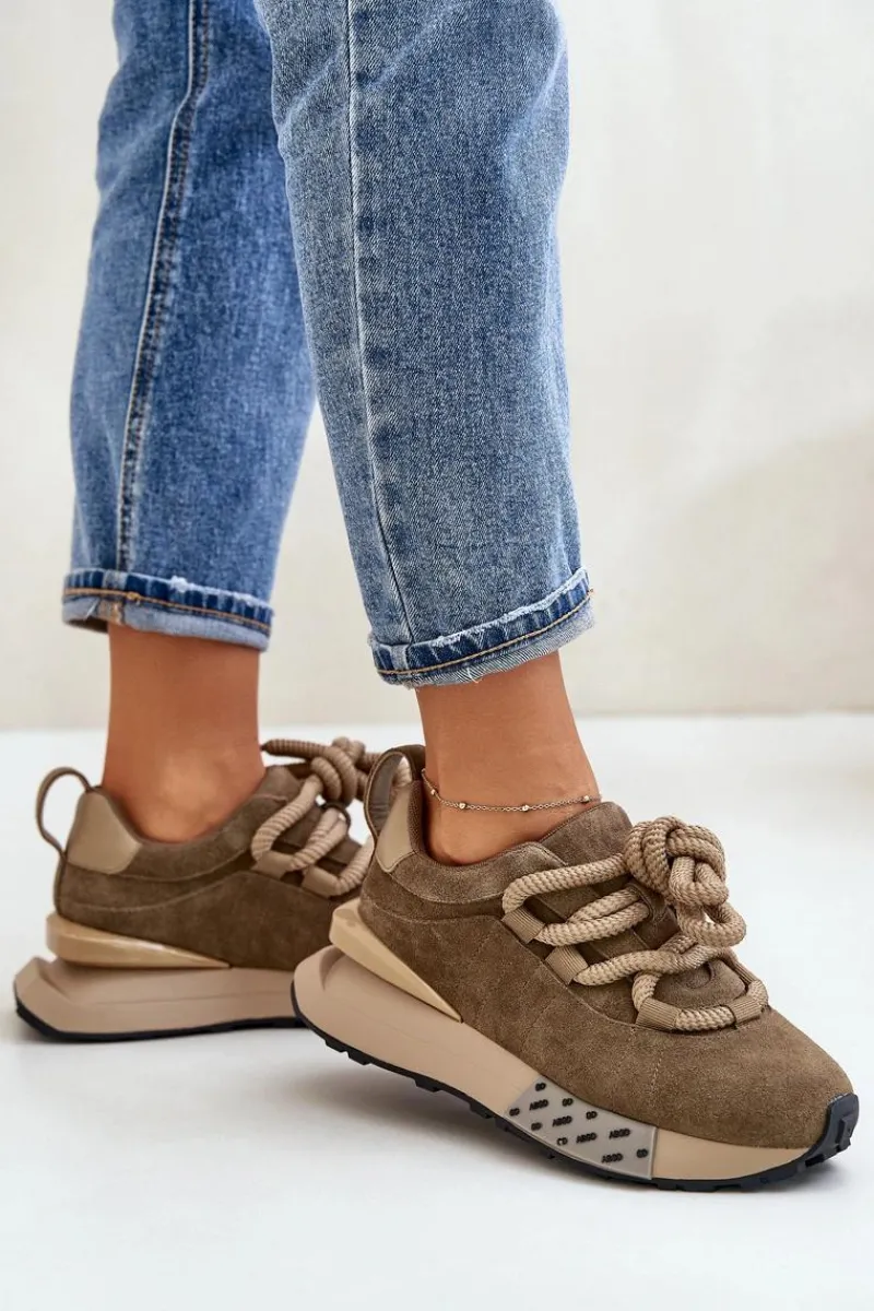 Hot Zamszowe Sneakersy Damskie Na Platformie Z Grubym Sznurowaniem Artiker 54C1466 Jasnobrązowe Damskie Buty Sportowe Na Platformie
