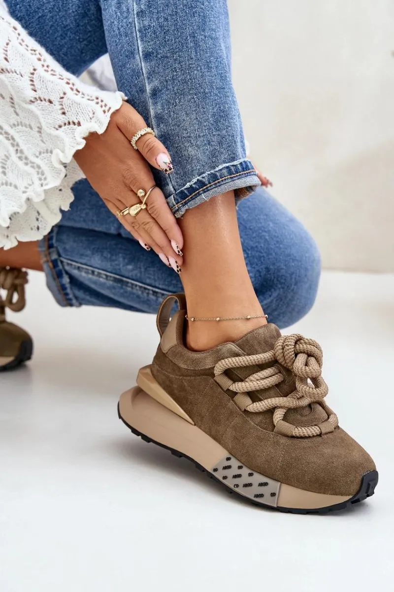 Hot Zamszowe Sneakersy Damskie Na Platformie Z Grubym Sznurowaniem Artiker 54C1466 Jasnobrązowe Damskie Buty Sportowe Na Platformie