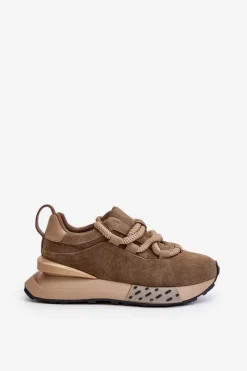 Hot Zamszowe Sneakersy Damskie Na Platformie Z Grubym Sznurowaniem Artiker 54C1466 Jasnobrązowe Damskie Buty Sportowe Na Platformie