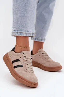 Discount Zamszowe Sneakersy Damskie Na Platformie Beżowe Elivienne Damskie Sneakersy Damskie