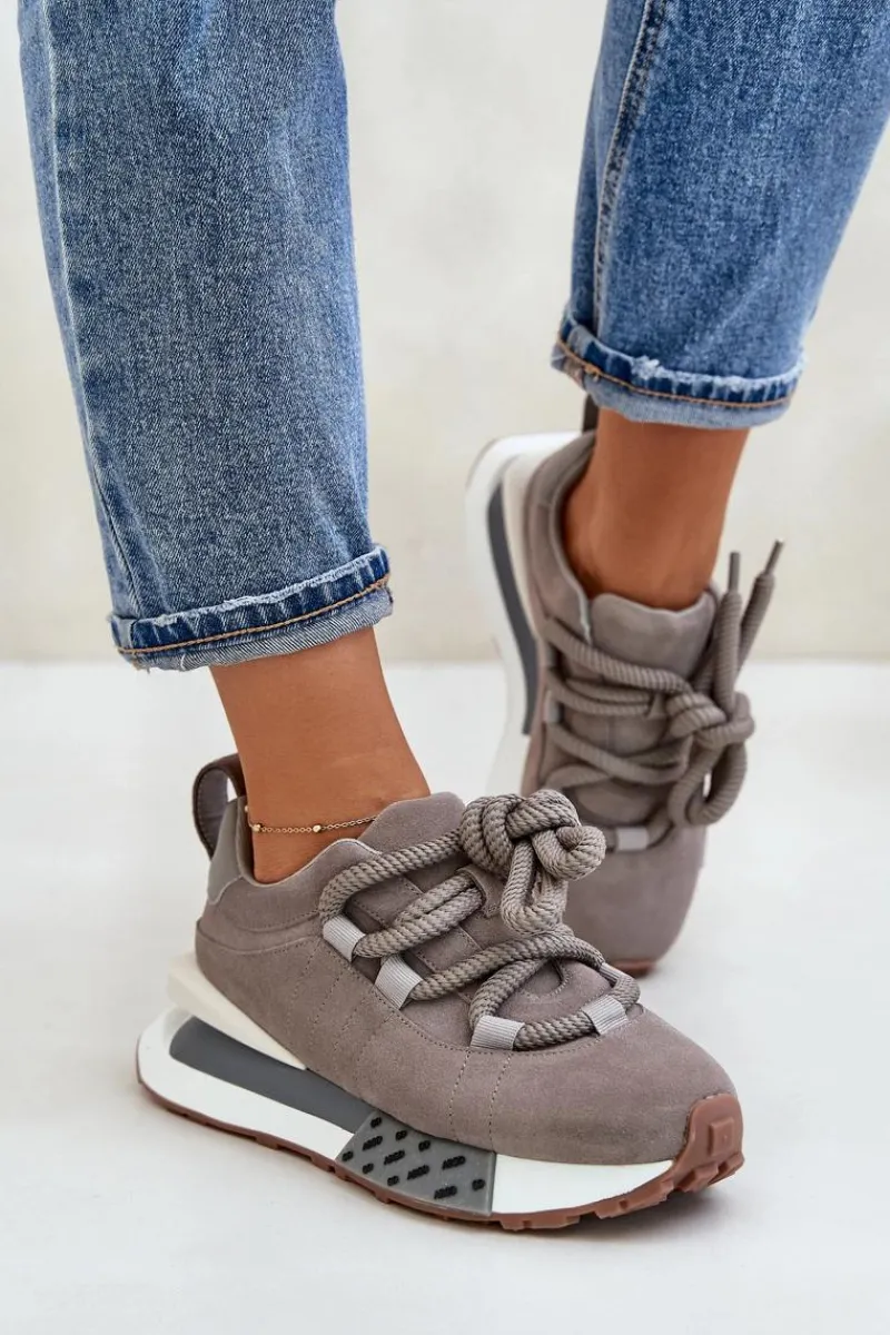 Buty Sportowe Na Platformie>Boto Zamszowe Sneakersy Damskie Na Platformie Z Grubym Sznurowaniem Artiker 54C1463 Szare Szary