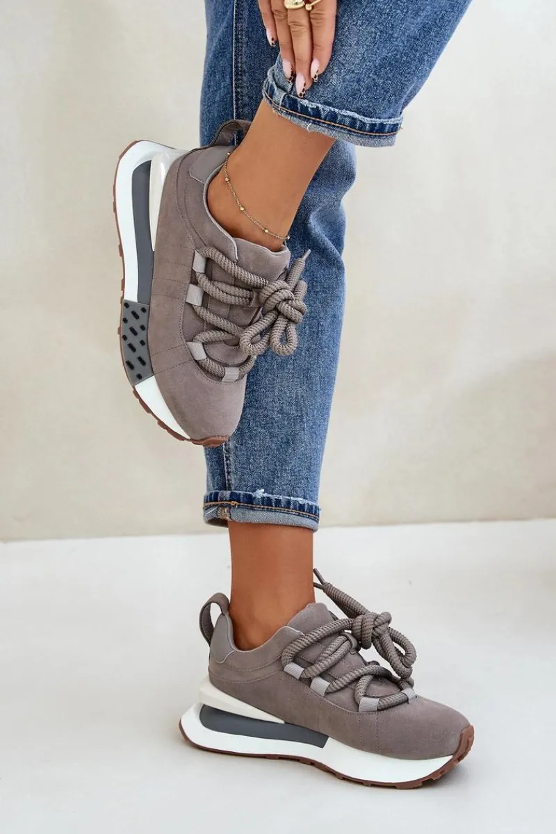 Buty Sportowe Na Platformie>Boto Zamszowe Sneakersy Damskie Na Platformie Z Grubym Sznurowaniem Artiker 54C1463 Szare Szary