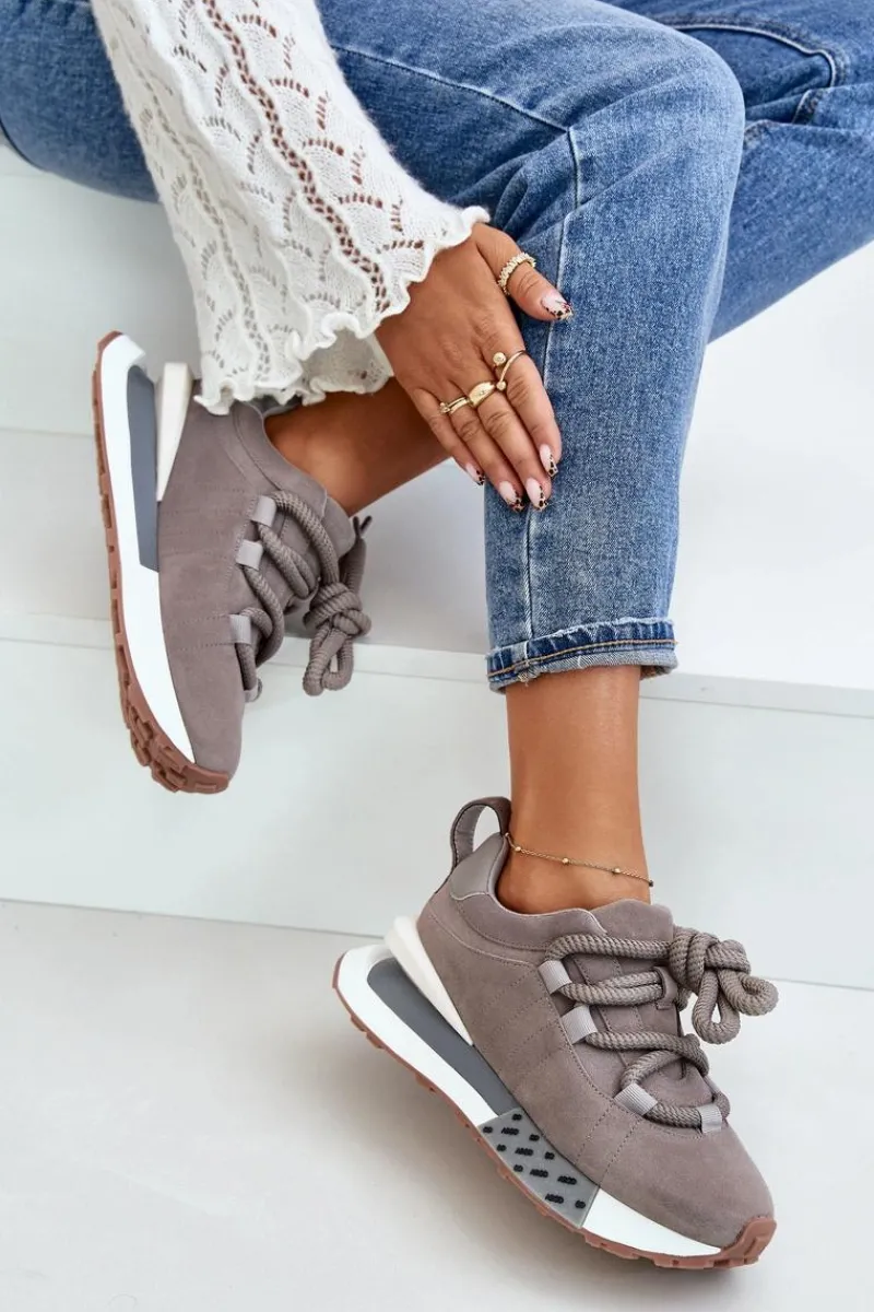 Buty Sportowe Na Platformie>Boto Zamszowe Sneakersy Damskie Na Platformie Z Grubym Sznurowaniem Artiker 54C1463 Szare Szary