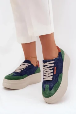 Outlet Zazoo Zamszowe Sneakersy Damskie Na Platformie N1269S3 Zielono-Granatowe Niebieski