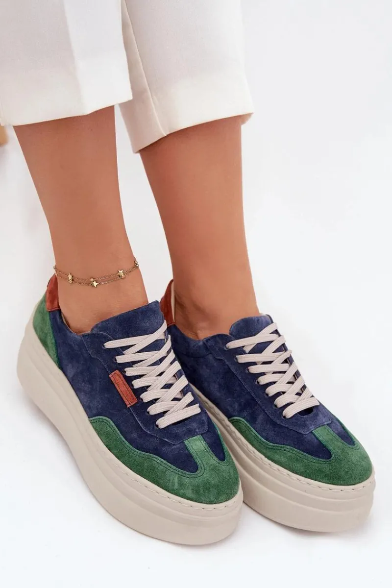 Outlet Zazoo Zamszowe Sneakersy Damskie Na Platformie N1269S3 Zielono-Granatowe Niebieski