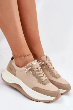 Buty Sportowe Big Star|Sneakersy Damskie>Big Star Shoes Zamszowe Sneakersy Damskie Na Platformie Big Star RR274A345 HI-POLY SYSTEM Ciemnobeżowe Beżowy