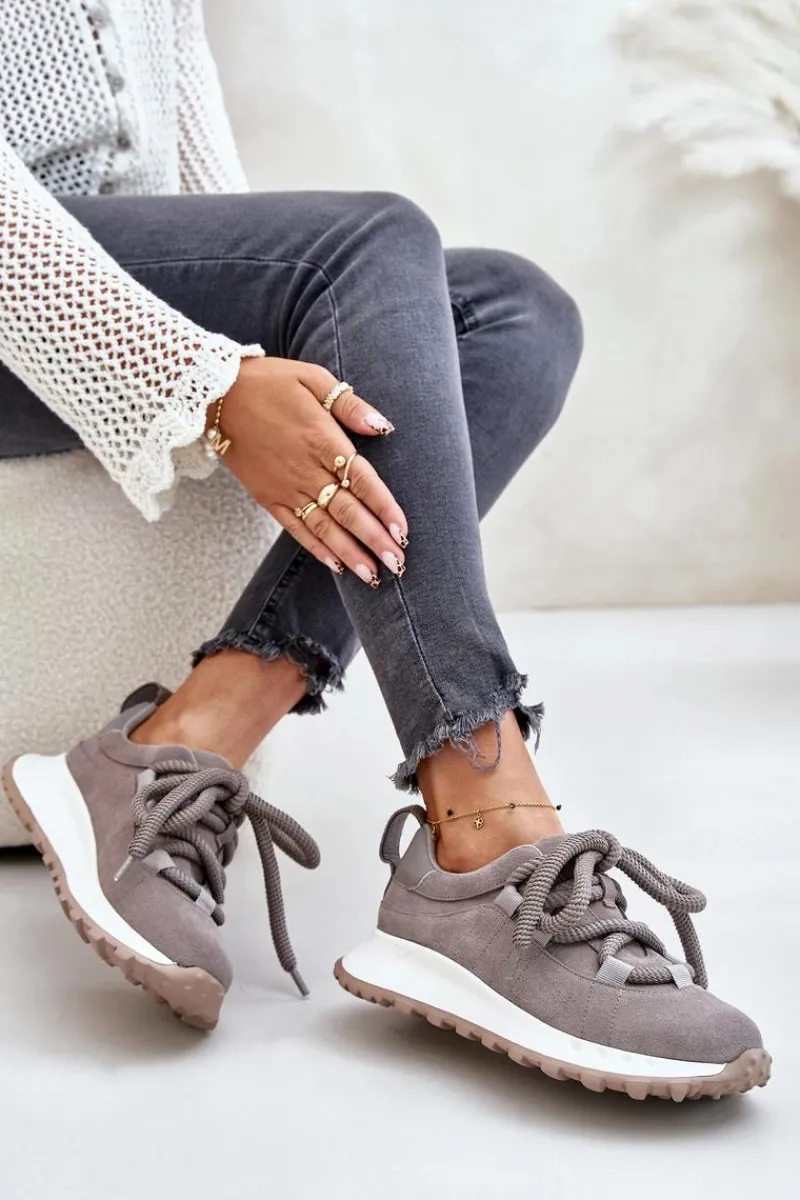 Artiker Zamszowe Sneakersy Damskie Z Grubym Sznurowaniem 54C1465 Szare Szary