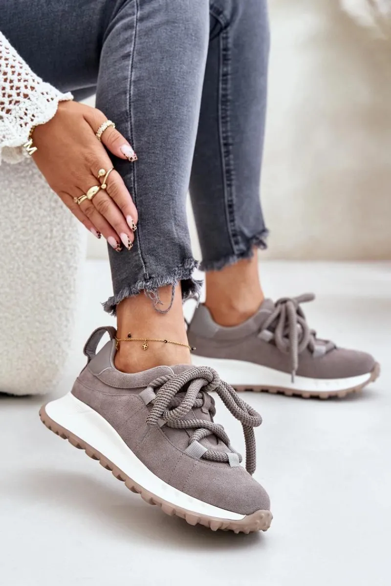 Artiker Zamszowe Sneakersy Damskie Z Grubym Sznurowaniem 54C1465 Szare Szary