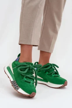 Sale Zamszowe Sneakersy Damskie Na Platformie Z Grubym Sznurowaniem 55C0136 Zielone Damskie Buty Sportowe Na Platformie|Półbuty Skórzane