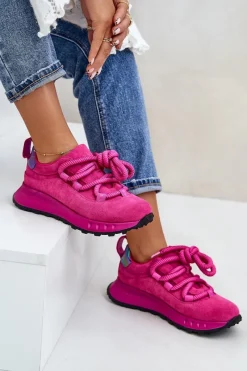 Outlet Zamszowe Sneakersy Damskie Z Grubym Sznurowaniem 54C1461 Fuksja Damskie Buty Sportowe Na Platformie