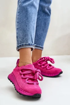 Outlet Zamszowe Sneakersy Damskie Z Grubym Sznurowaniem 54C1461 Fuksja Damskie Buty Sportowe Na Platformie