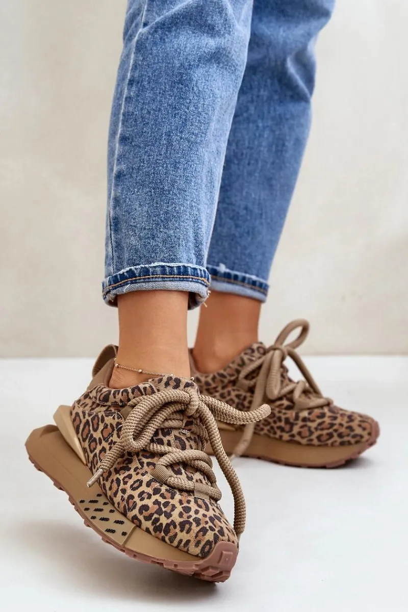 Clearance Zamszowe Sneakersy Damskie Na Platformie Z Grubym Sznurowaniem Panterka Artiker 55C0135 Brązowe Damskie Buty Sportowe Na Platformie