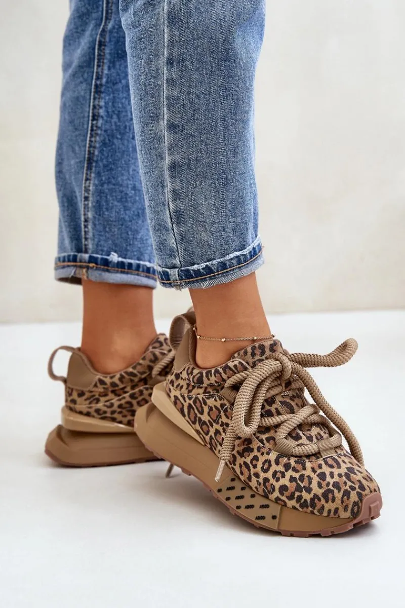 Clearance Zamszowe Sneakersy Damskie Na Platformie Z Grubym Sznurowaniem Panterka Artiker 55C0135 Brązowe Damskie Buty Sportowe Na Platformie