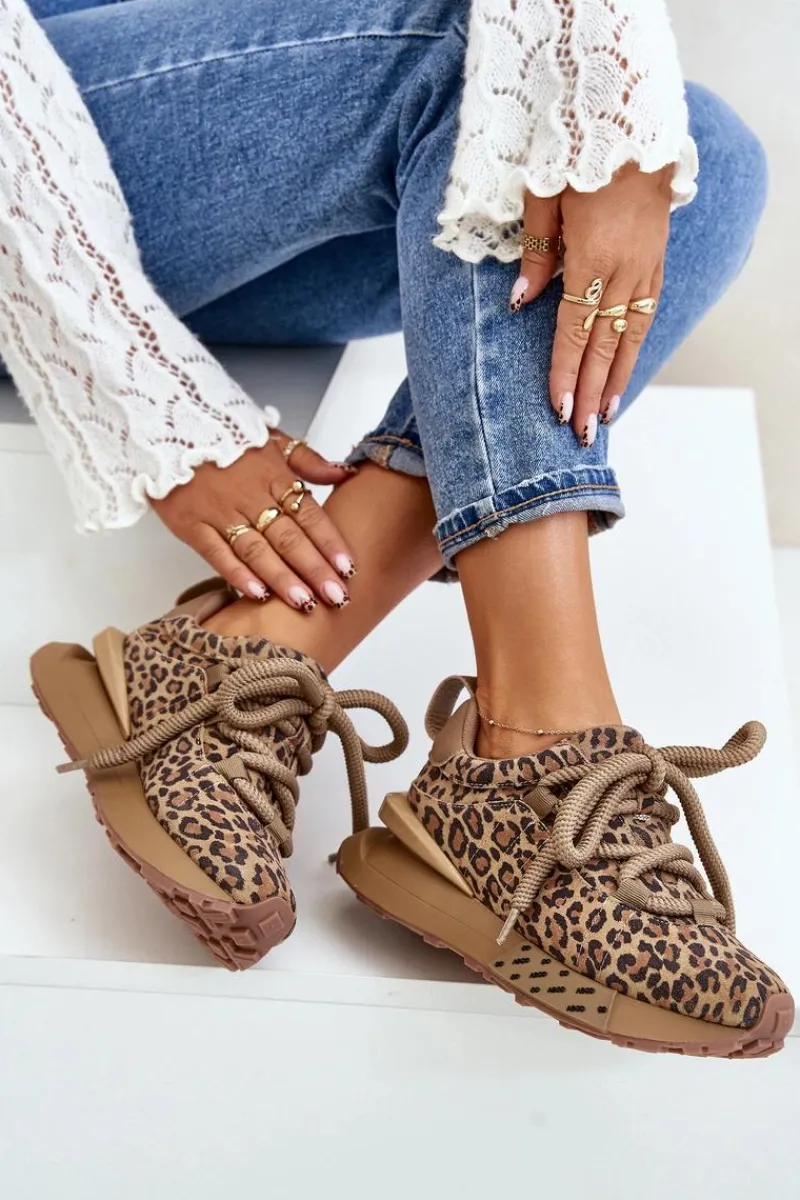 Clearance Zamszowe Sneakersy Damskie Na Platformie Z Grubym Sznurowaniem Panterka Artiker 55C0135 Brązowe Damskie Buty Sportowe Na Platformie