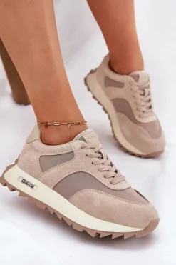 Discount Big Star Shoes Zamszowe Sneakersy Na Platformie Damskie Big Star RR274897 HI-POLY SYSTEM Beżowe Beżowy